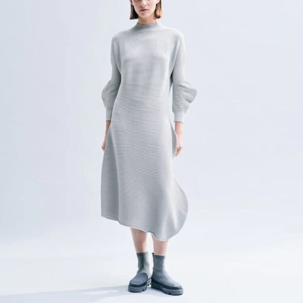 Issey Miyake SS/23 Concretion Light Grey Ribbed Midi Dress